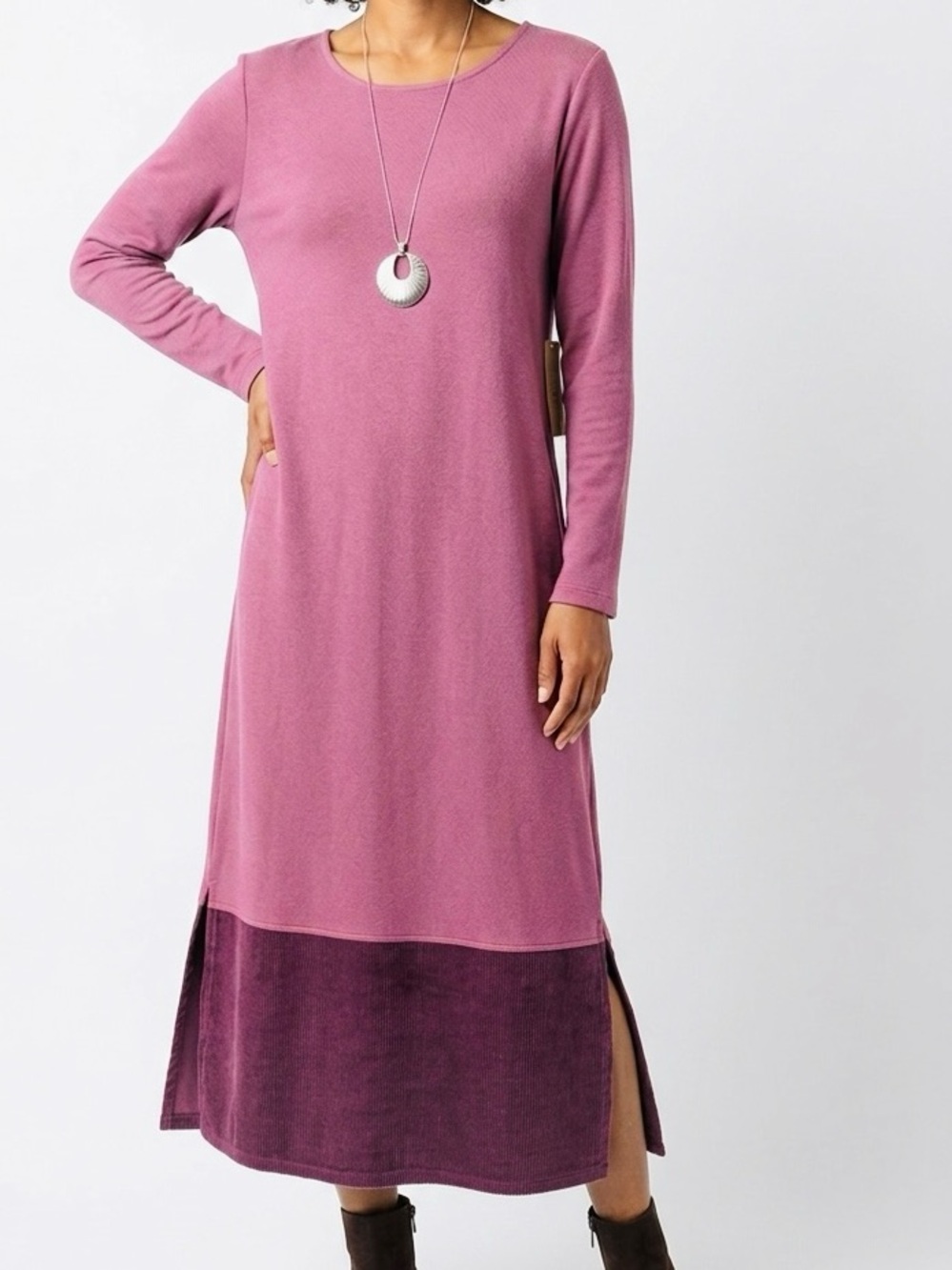 SWEET JESSIE Mauve Long Sleeve Ombre Maxi Dress Corduroy & 100% Cotton